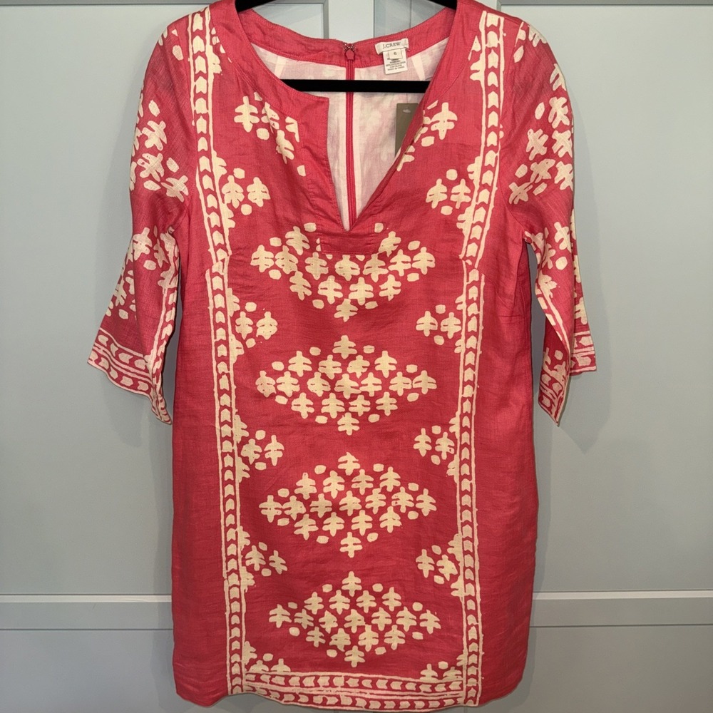 J. Crew Java 100% Linen Tunic Shift Dress 3/4 Sleeve V-Neck Coral Cream Size 06